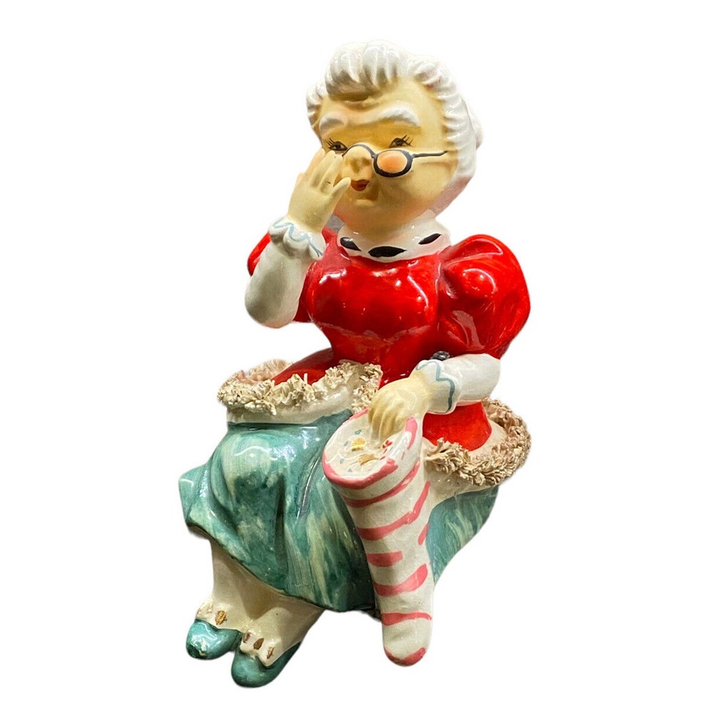 Vintage Lefton Spaghetti Trim Shelf Sitting Mrs. Clause. 7.5" 1950’s Ceramic